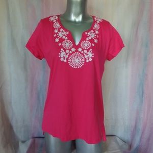 Hot Pink Tunic Top with White Embroidery